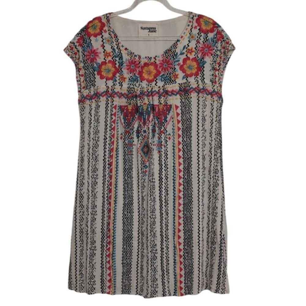 Savanna Jane Embroidered Floral Mini Dress Womens Size Small Lined Shift Boho